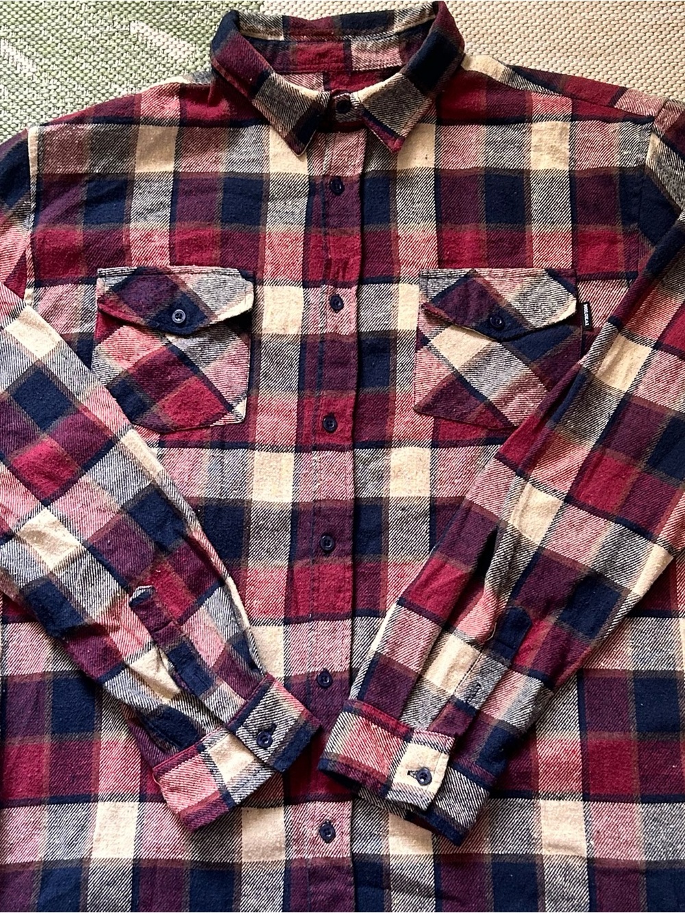 Molokai Surf Co Men's Burgundy Navy & Cream Plaid Button-Down Flannel Shirt XL